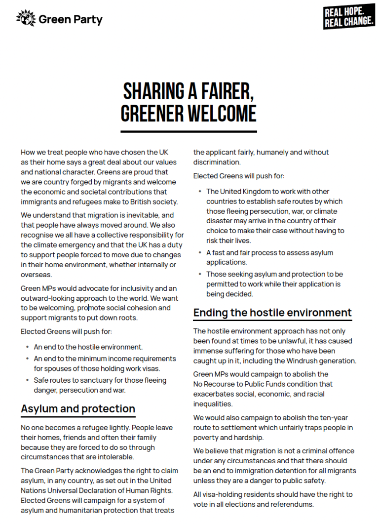 Election 2024 Manifesto Published - Green Party Asylum and Migration